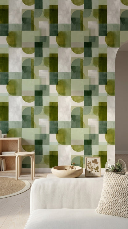Yeşil Geometrik Desenli Duvar Kağıdı Modern Salon Dekoru
