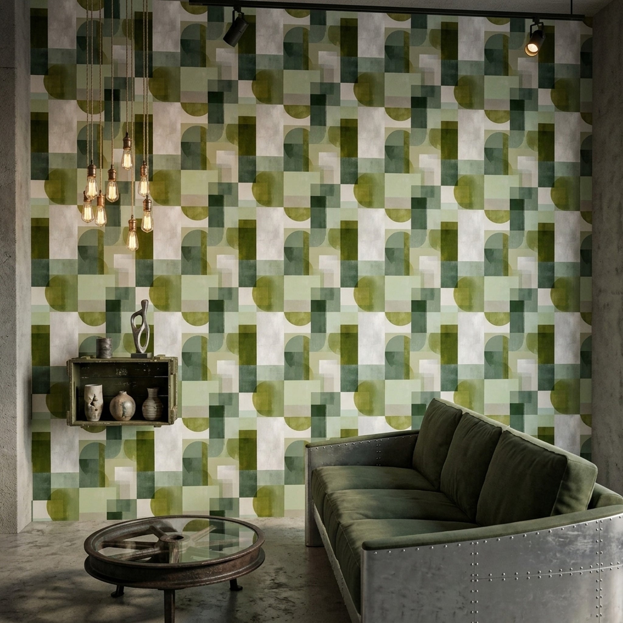 Yeşil Geometrik Desenli Duvar Kağıdı Modern Salon Dekoru