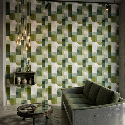 Yeşil Geometrik Desenli Duvar Kağıdı Modern Salon Dekoru