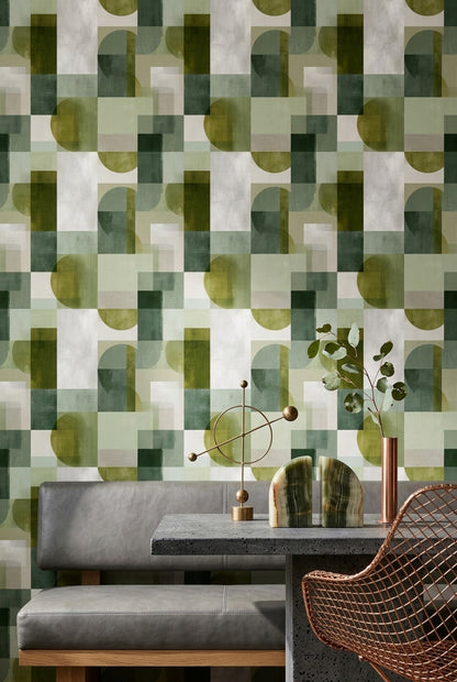 Yeşil Geometrik Desenli Duvar Kağıdı Modern Salon Dekoru