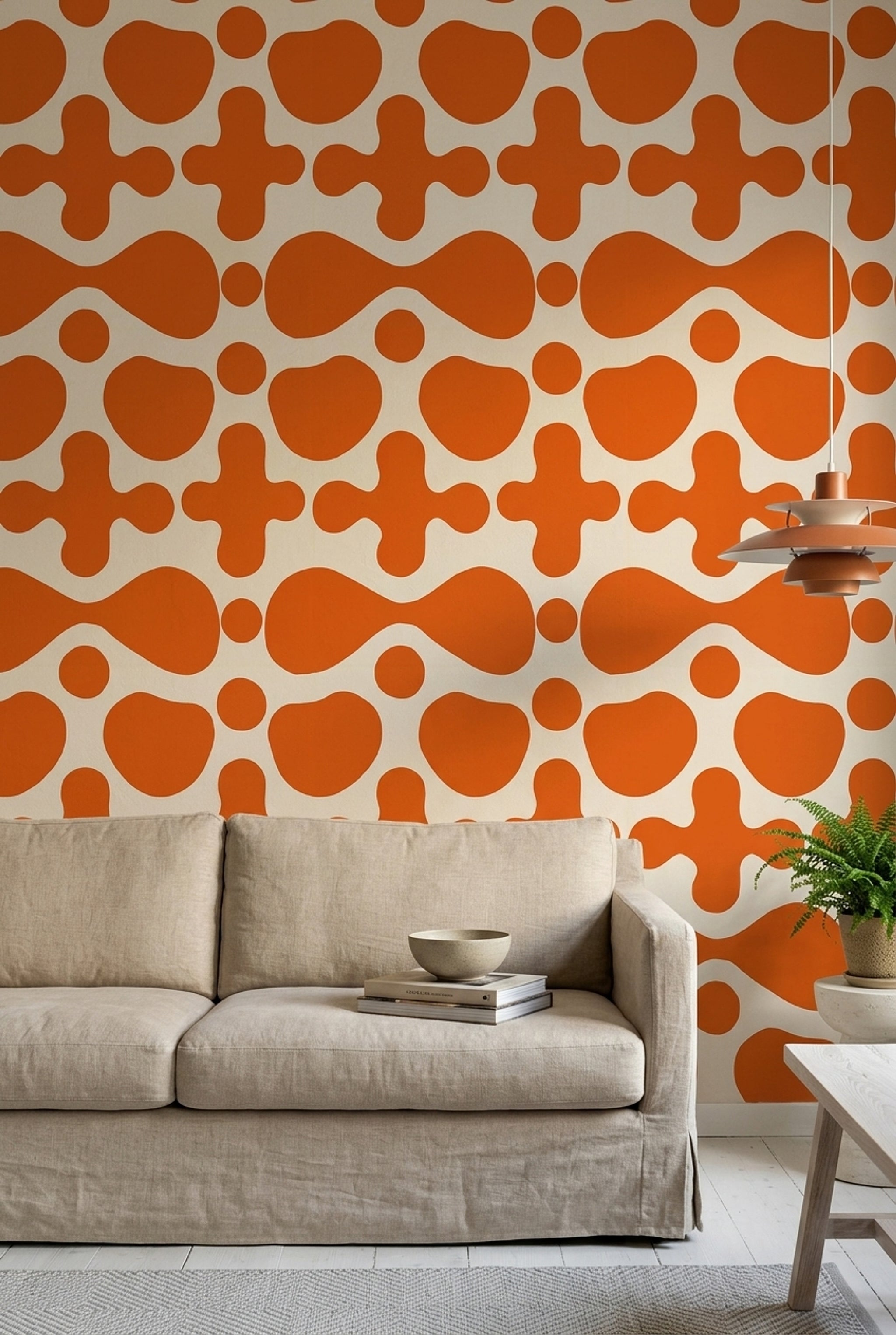 Turuncu Geometrik Duvar Kağıdı Retro Desenli Salon Dekoru