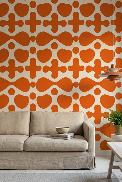 Turuncu Geometrik Duvar Kağıdı Retro Desenli Salon Dekoru