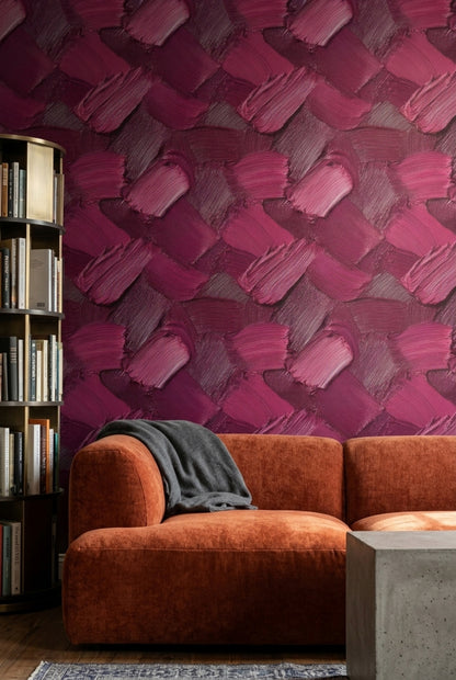 Bordo Fırça Darbeli Geometrik Duvar Kağıdı Modern Salon