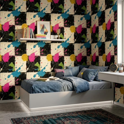 Soyut Kareli Duvar Kağıdı Renk Sıçramalı Modern Salon