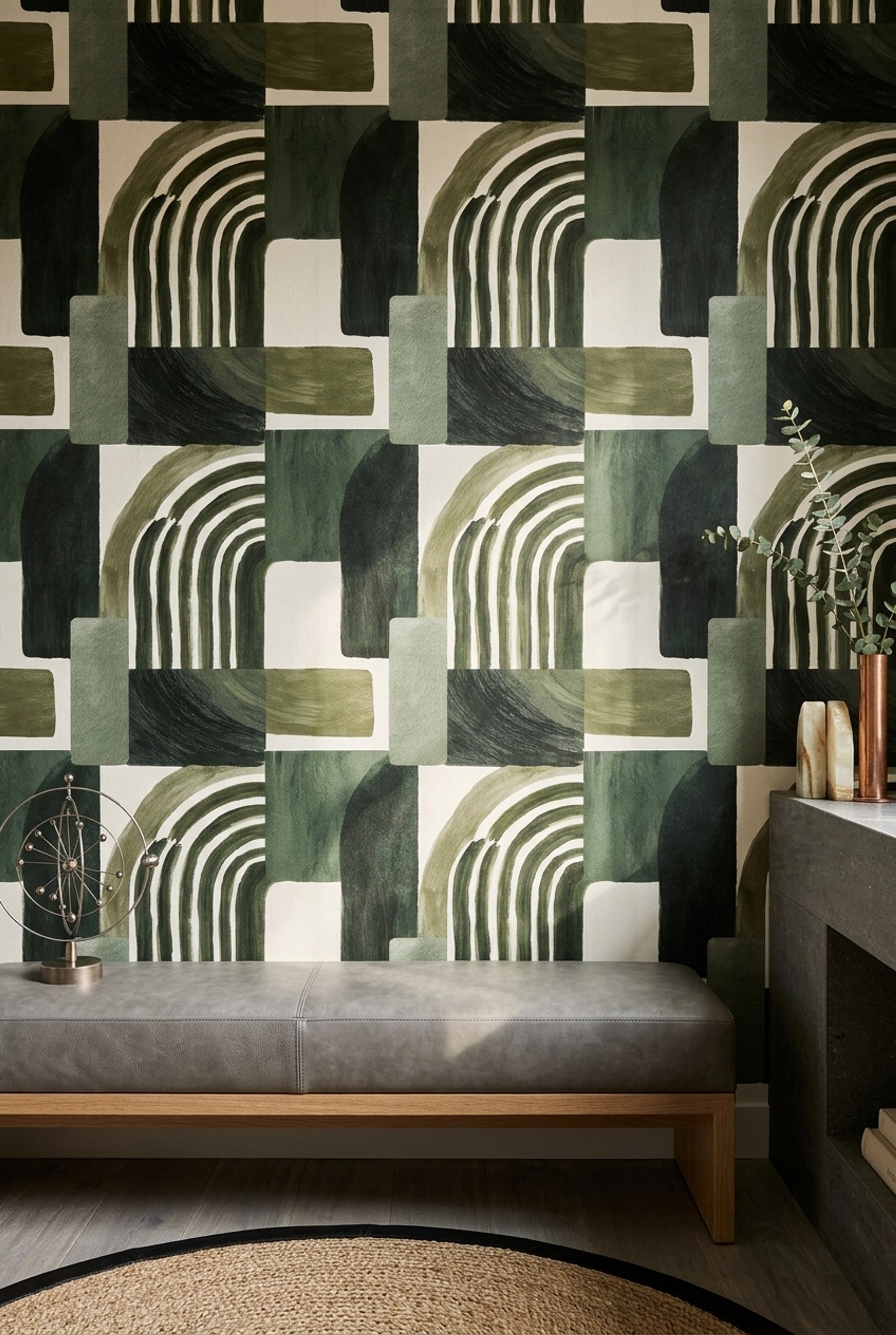 Geometrik Kemer Desenli Duvar Kağıdı Yeşil Modern Salon