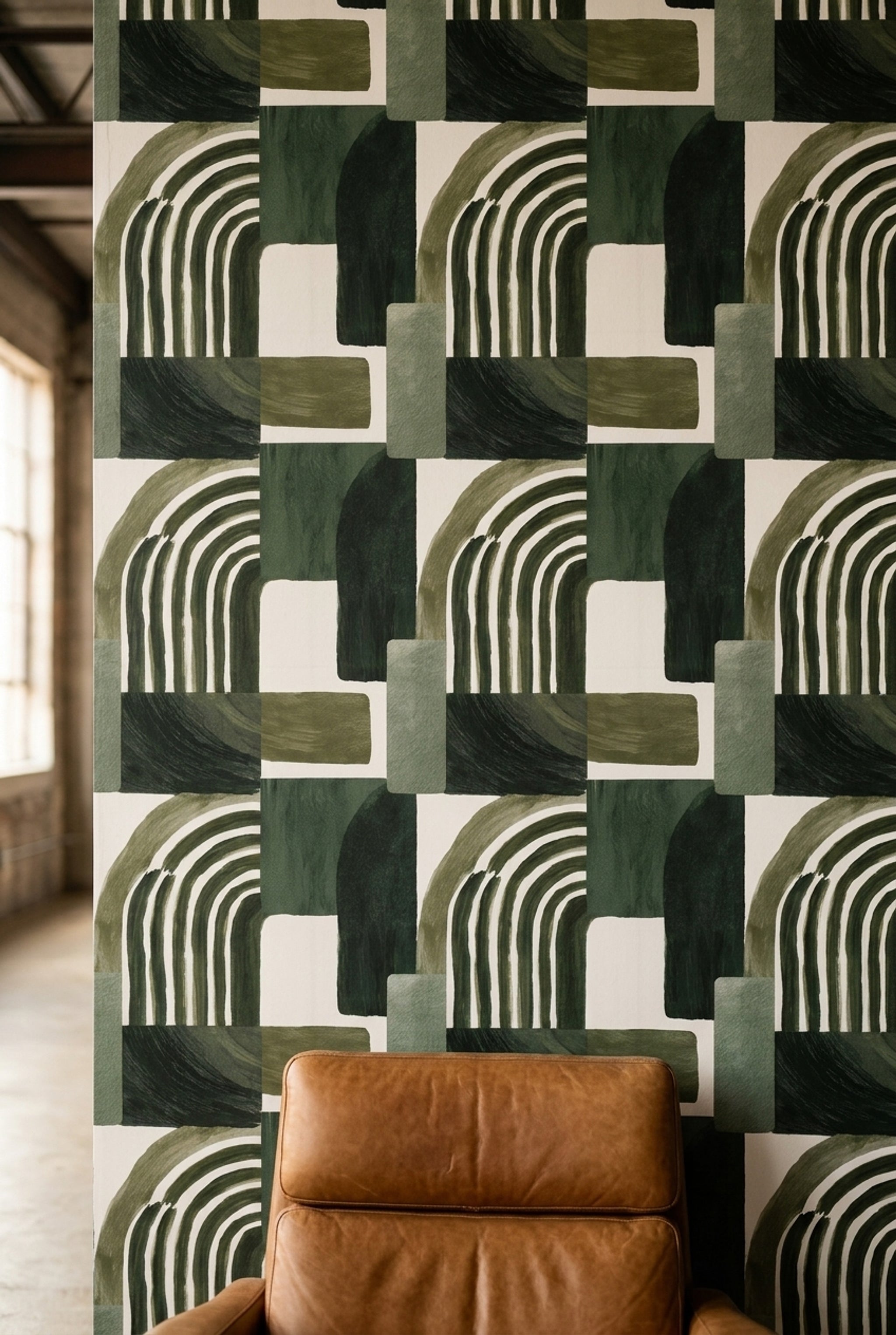Geometrik Kemer Desenli Duvar Kağıdı Yeşil Modern Salon
