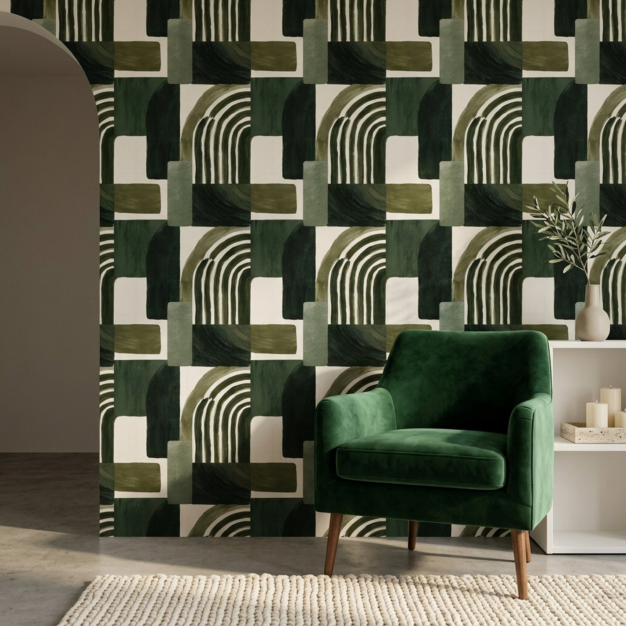 Geometrik Kemer Desenli Duvar Kağıdı Yeşil Modern Salon