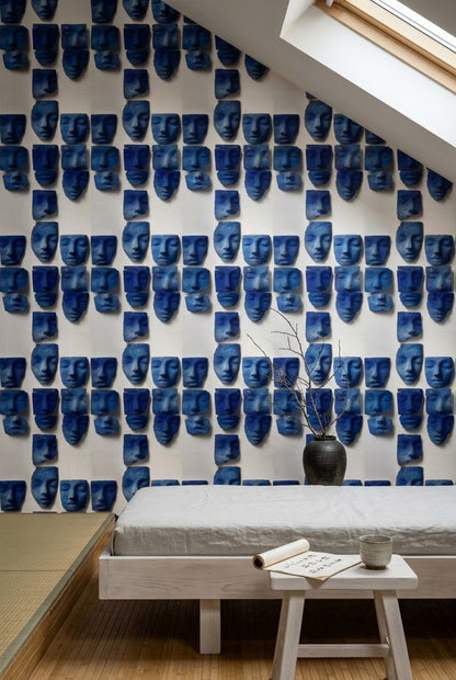 Mavi Yüz Maskeleri Duvar Kağıdı Modern Sanat Desenli