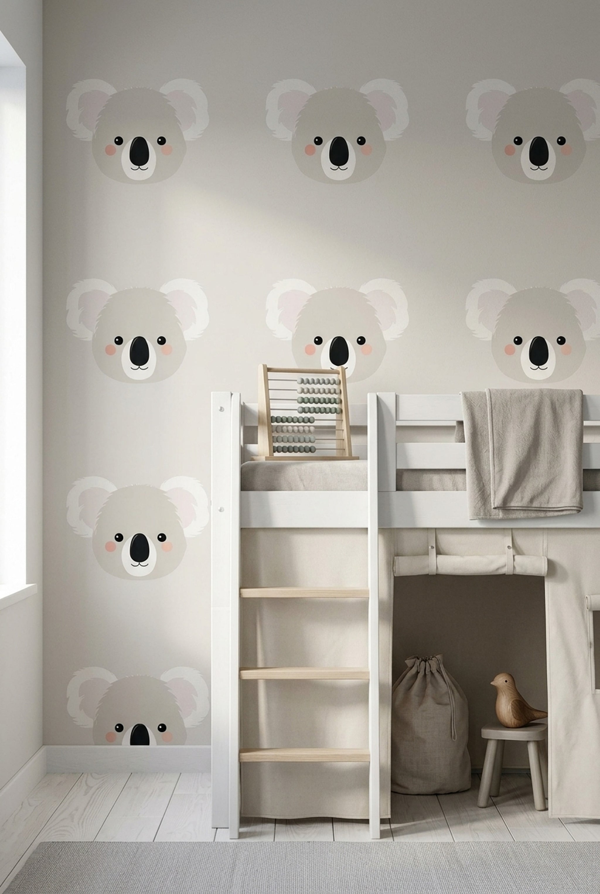 Sevimli Koala Desenli Duvar Kağıdı Gri Çocuk Odası