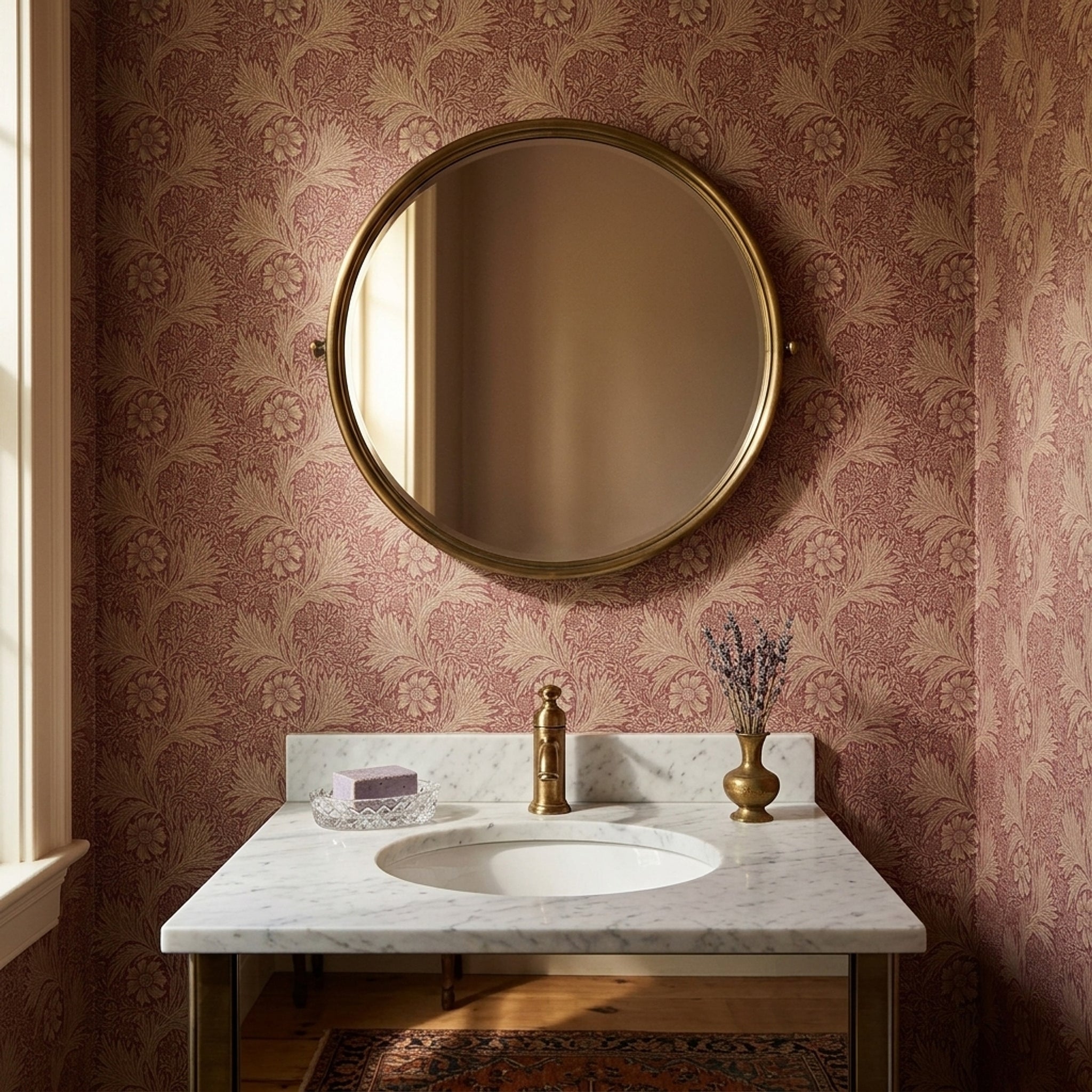 Vintage Çiçekli Duvar Kağıdı Bordo Klasik Banyo Deseni
