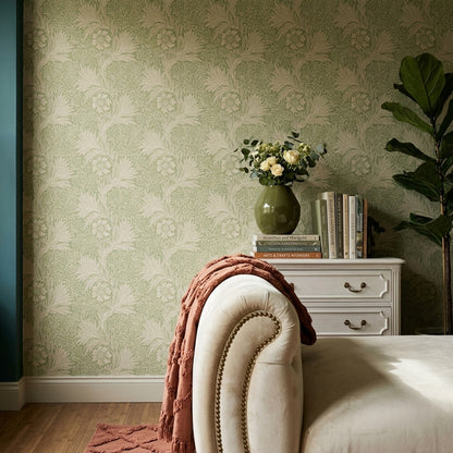 Vintage Çiçekli Duvar Kağıdı Yeşil Bej Desenli Salon