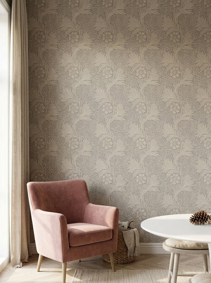 Vintage Çiçekli Duvar Kağıdı Bej Tonlarda Klasik Salon
