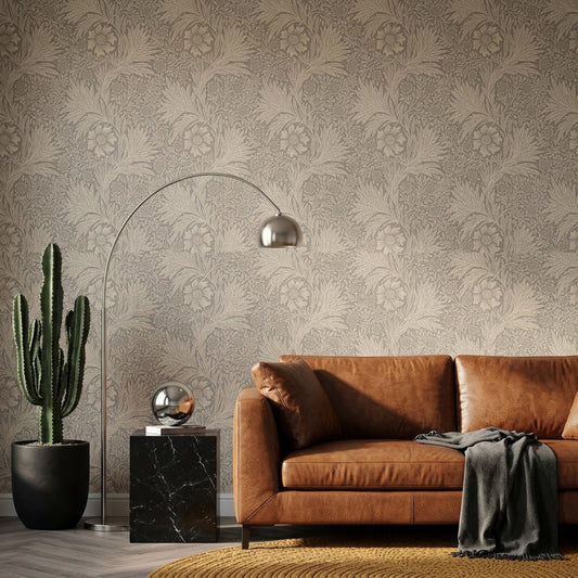 Vintage Çiçekli Duvar Kağıdı Bej Tonlarda Klasik Salon
