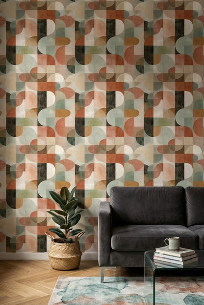 Retro Geometrik Duvar Kağıdı Bej Kahverengi Desenli Salon