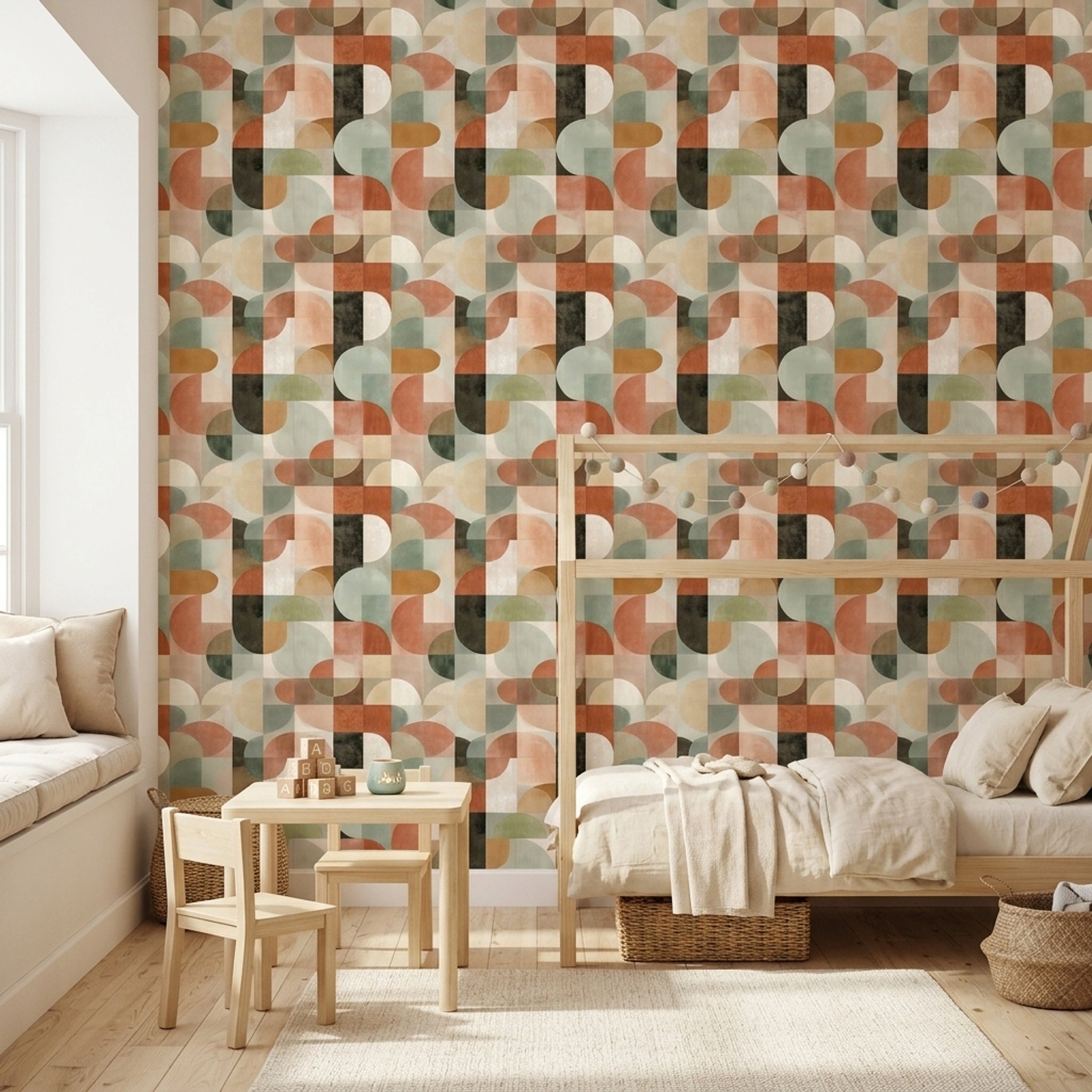Retro Geometrik Duvar Kağıdı Bej Kahverengi Desenli Salon
