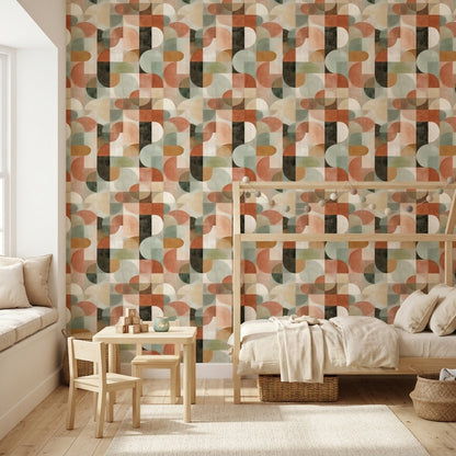 Retro Geometrik Duvar Kağıdı Bej Kahverengi Desenli Salon