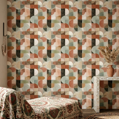 Retro Geometrik Duvar Kağıdı Bej Kahverengi Desenli Salon