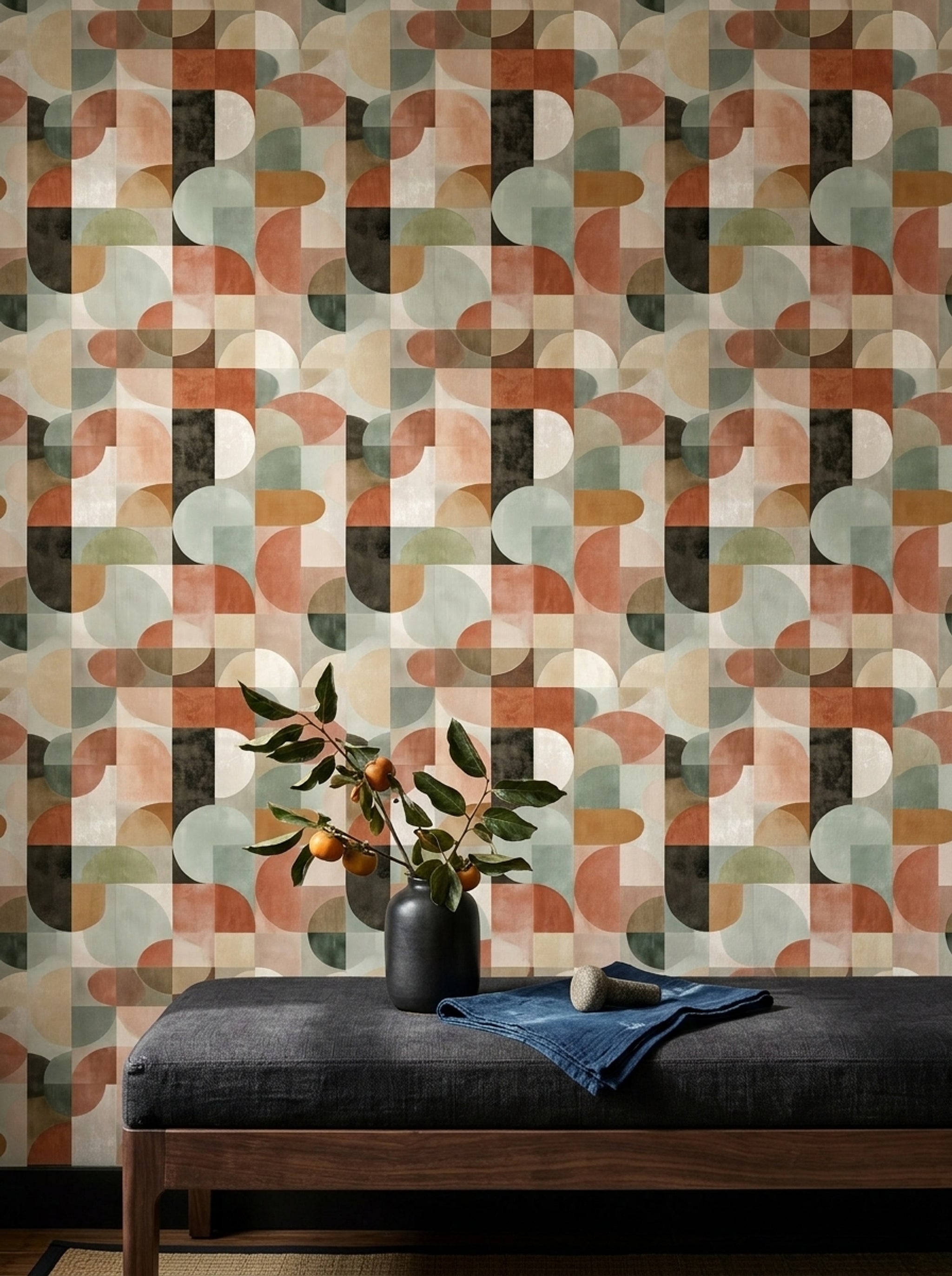 Retro Geometrik Duvar Kağıdı Bej Kahverengi Desenli Salon
