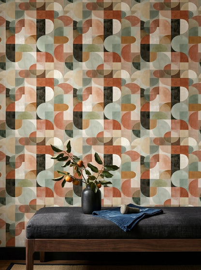 Retro Geometrik Duvar Kağıdı Bej Kahverengi Desenli Salon