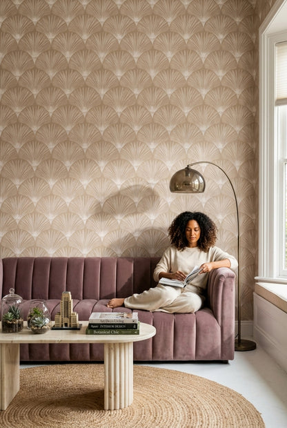 Bej Yelpaze Desenli Duvar Kağıdı Art Deco Salon