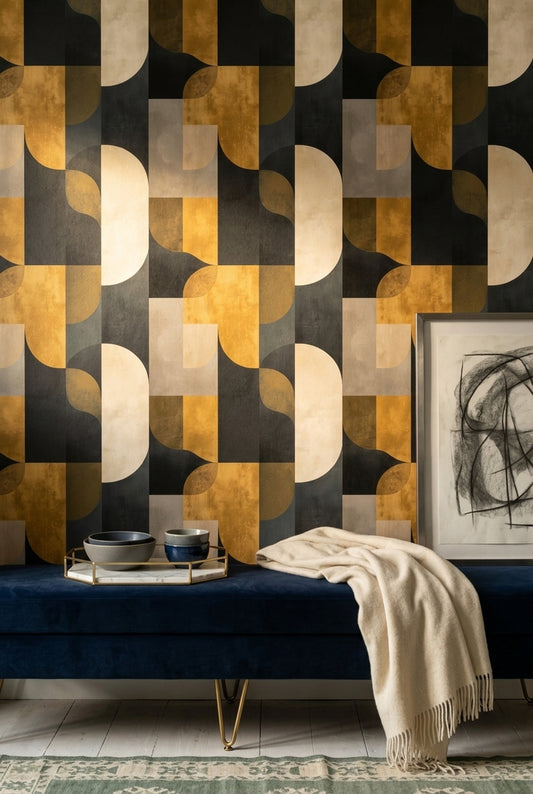 Geometrik Desenli Duvar Kağıdı Siyah Altın Modern Salon