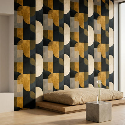 Geometrik Desenli Duvar Kağıdı Siyah Altın Modern Salon