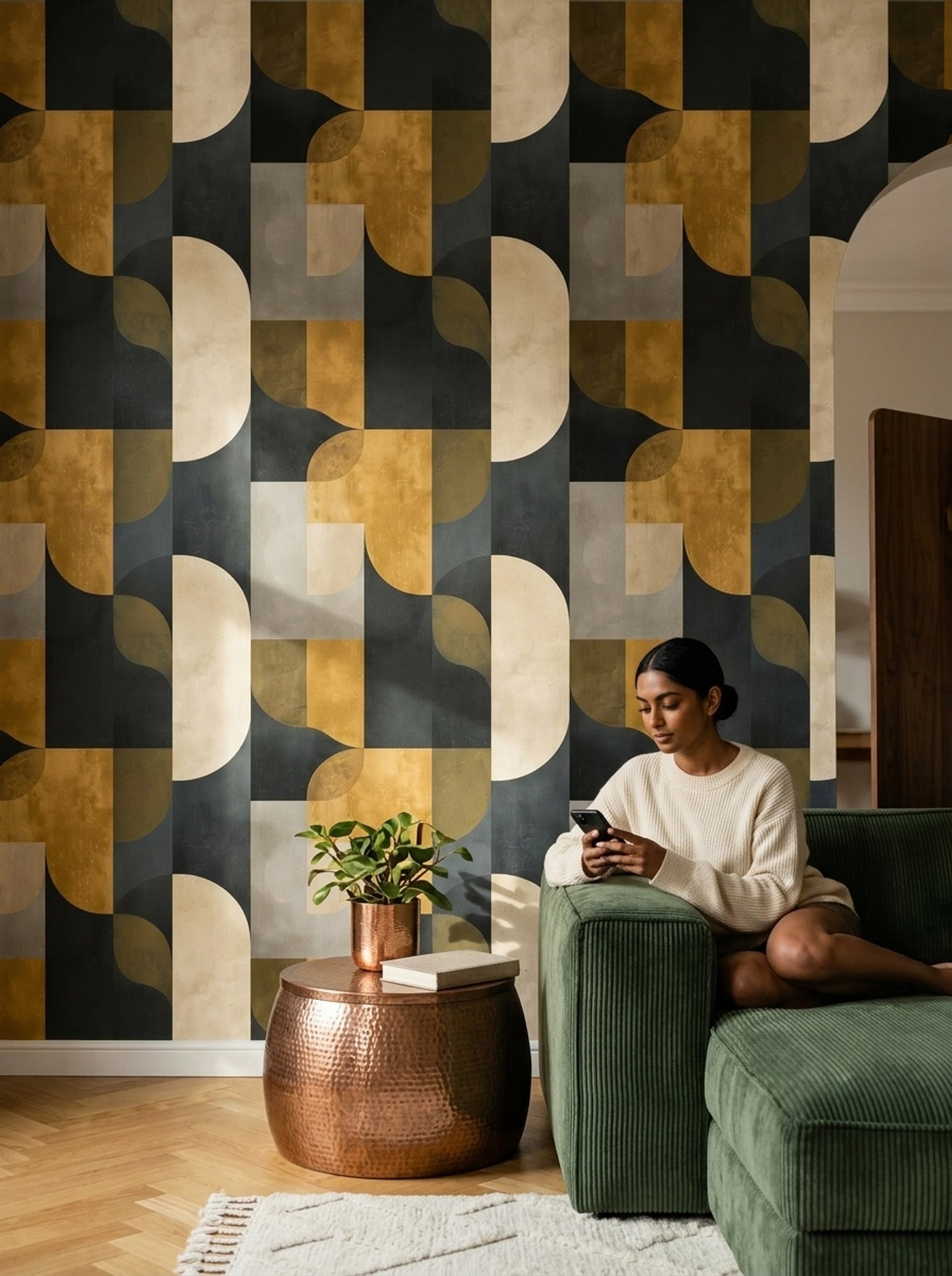 Geometrik Desenli Duvar Kağıdı Siyah Altın Modern Salon