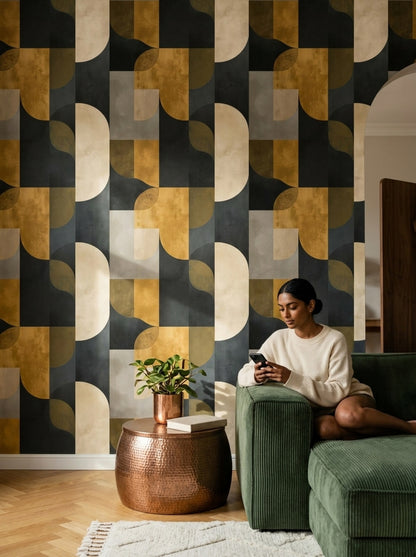 Geometrik Desenli Duvar Kağıdı Siyah Altın Modern Salon