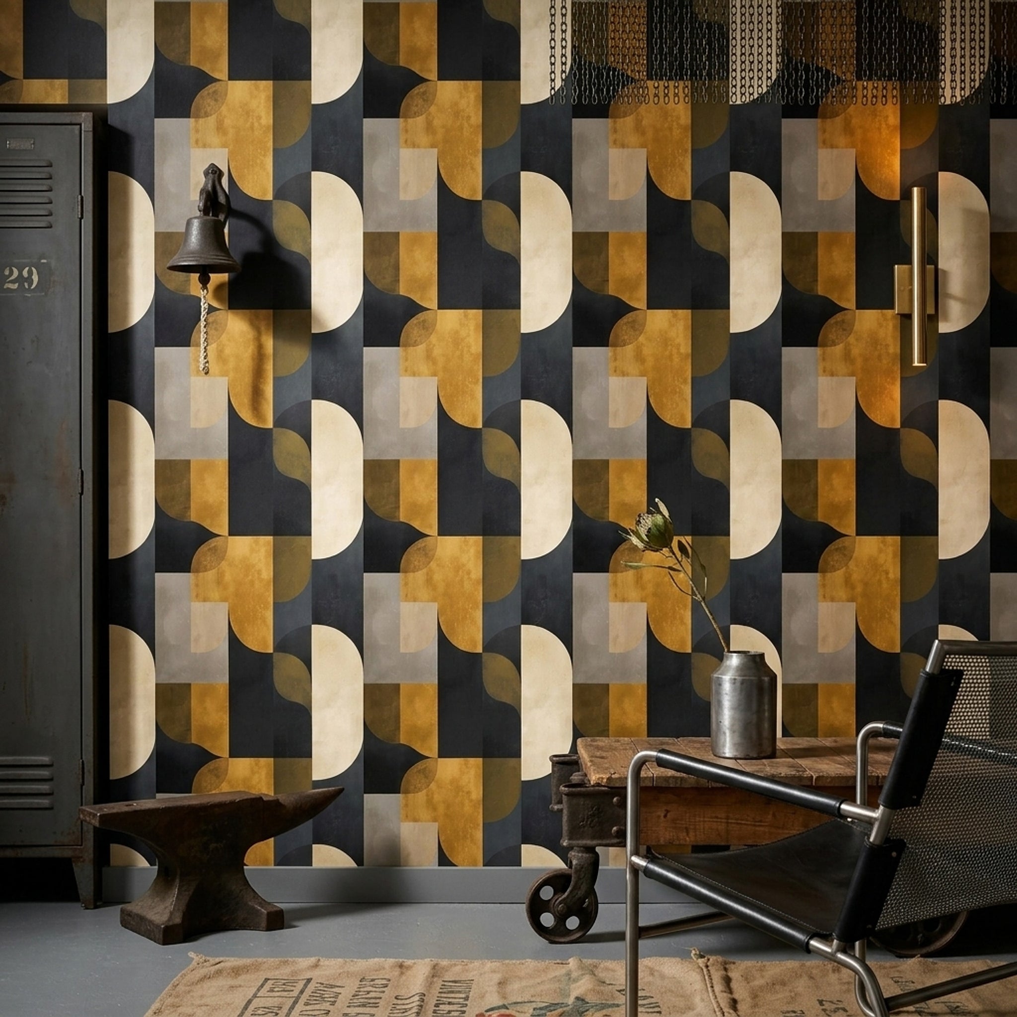 Geometrik Desenli Duvar Kağıdı Siyah Altın Modern Salon