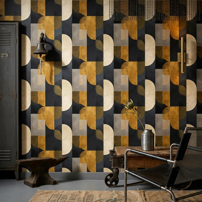 Geometrik Desenli Duvar Kağıdı Siyah Altın Modern Salon