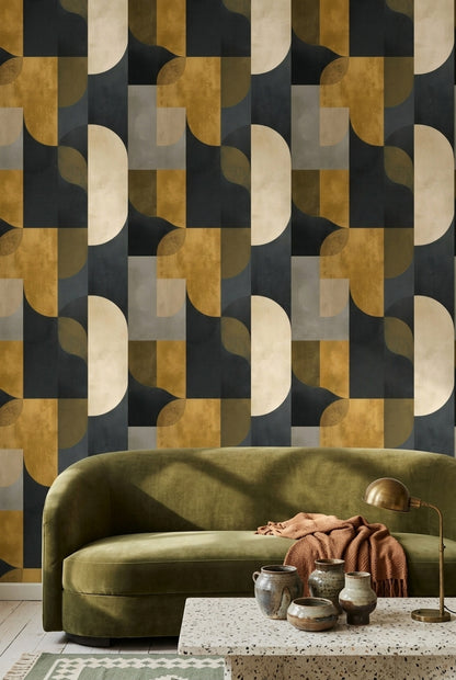 Geometrik Desenli Duvar Kağıdı Siyah Altın Modern Salon