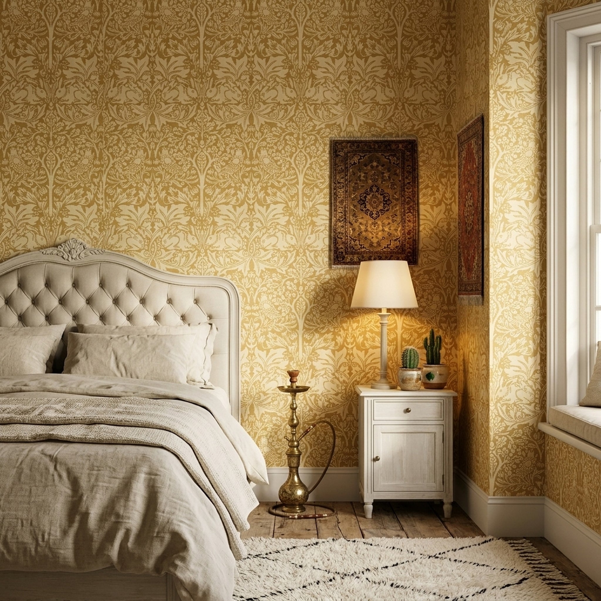 Altın Damask Desenli Duvar Kağıdı Klasik Salon Dekoru