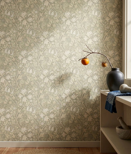Klasik Çiçekli Duvar Kağıdı Bej Yeşil Salon Deseni