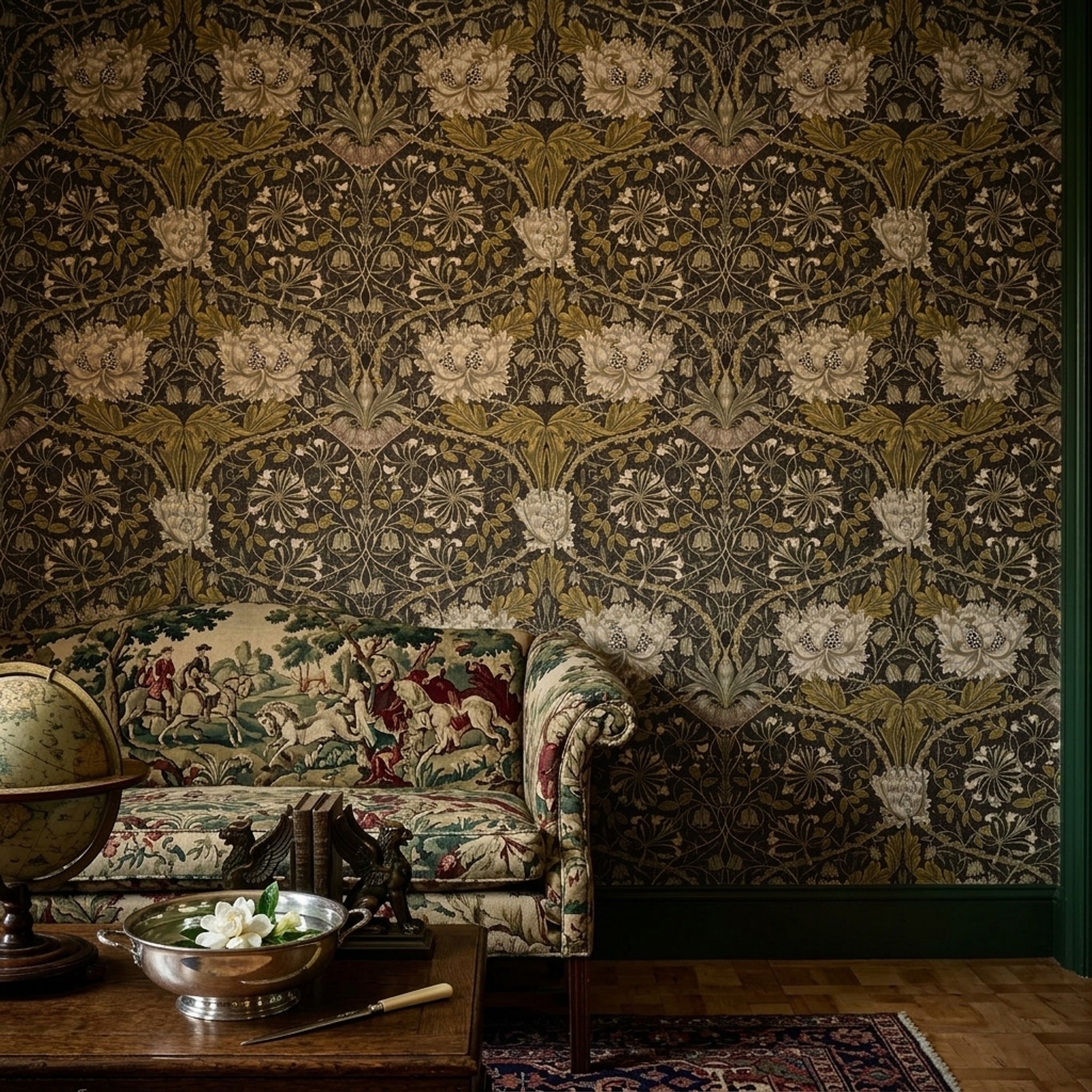 Vintage Çiçekli Duvar Kağıdı Siyah Zemin Gold Salon