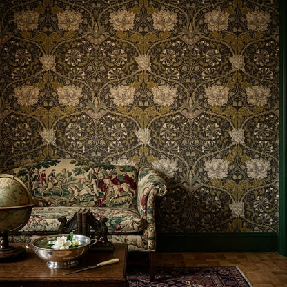 Vintage Çiçekli Duvar Kağıdı Siyah Zemin Gold Salon