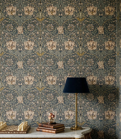 Vintage Çiçekli Duvar Kağıdı Mavi Yeşil Klasik Salon Deseni