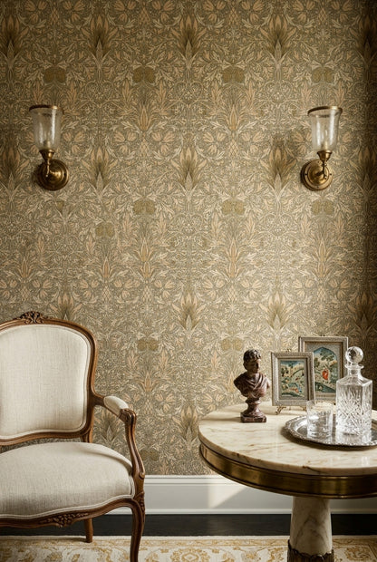 Vintage Çiçekli Duvar Kağıdı Altın Bej Klasik Salon