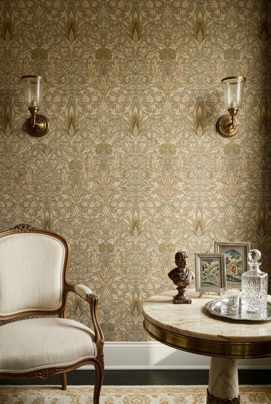 Vintage Çiçekli Duvar Kağıdı Altın Bej Klasik Salon