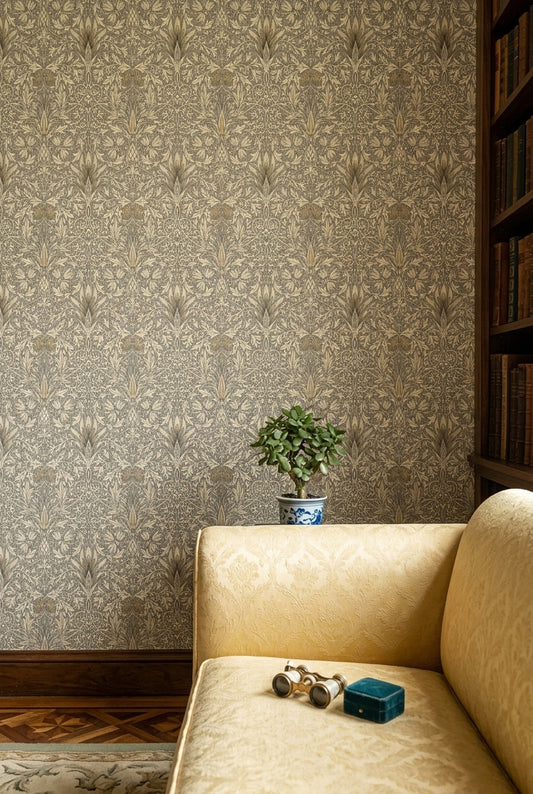 Klasik Damask Duvar Kağıdı Altın Bej Salon Deseni