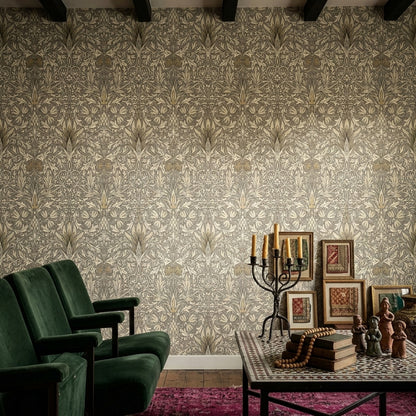 Klasik Damask Duvar Kağıdı Altın Bej Salon Deseni