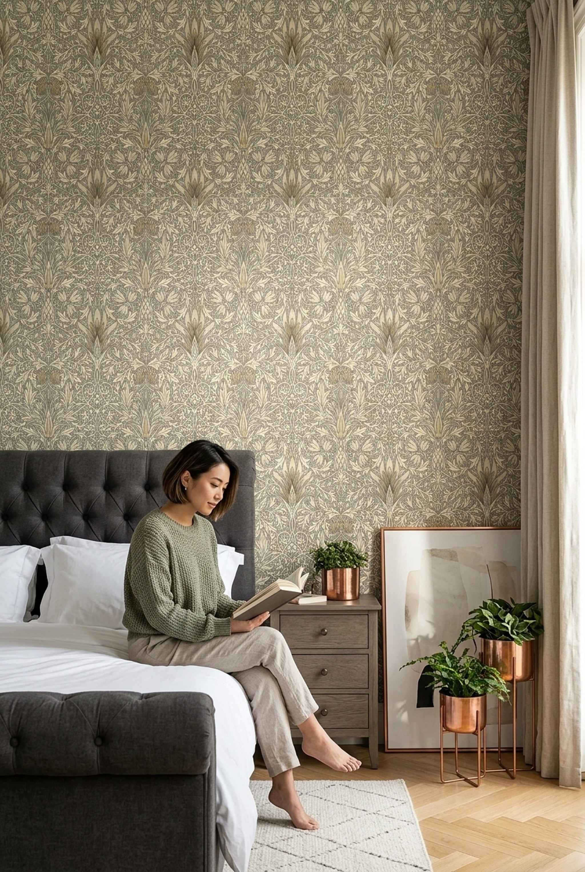 Klasik Damask Duvar Kağıdı Altın Bej Salon Deseni