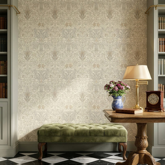 Klasik Damask Desenli Duvar Kağıdı Bej Salon Duvar Dekoru
