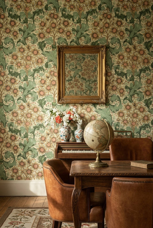 Vintage Çiçekli Duvar Kağıdı Yeşil Bej Klasik Salon