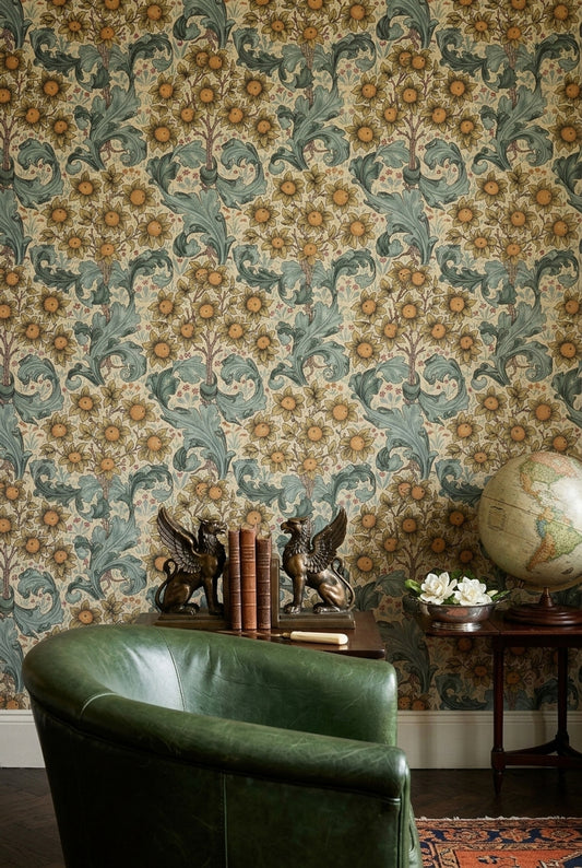 Vintage Çiçekli Duvar Kağıdı Sarı Yeşil Klasik Salon Deseni