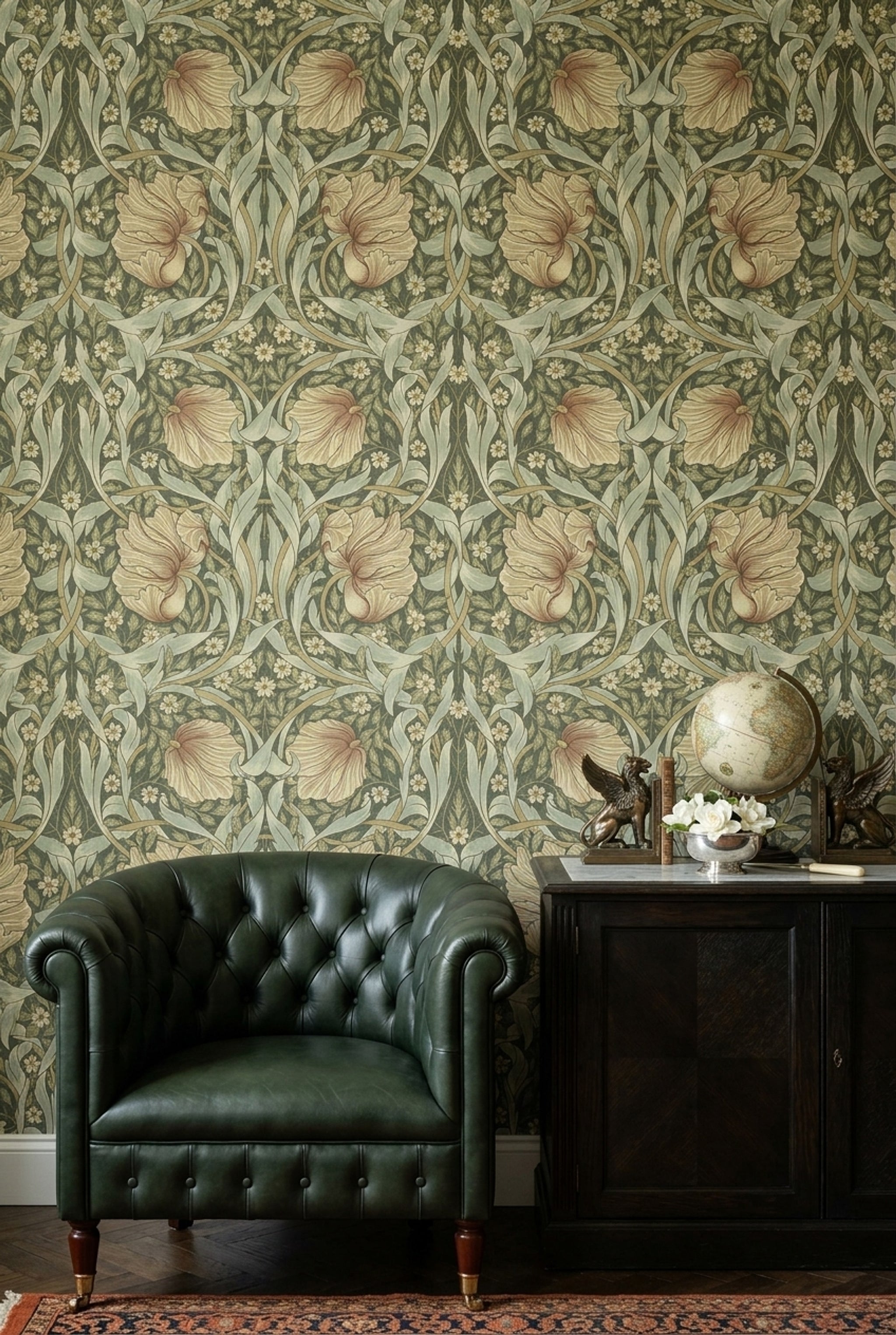 Art Nouveau Çiçek Desenli Duvar Kağıdı Yeşil Vintage Salon