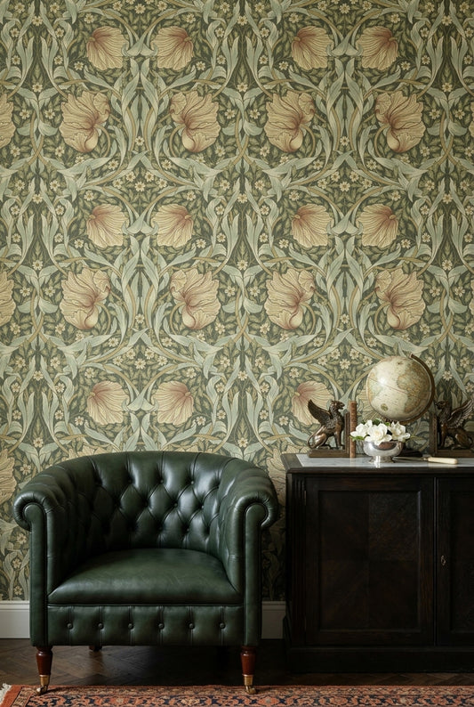 Art Nouveau Çiçek Desenli Duvar Kağıdı Yeşil Vintage Salon