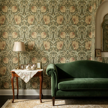 Art Nouveau Çiçek Desenli Duvar Kağıdı Yeşil Vintage Salon