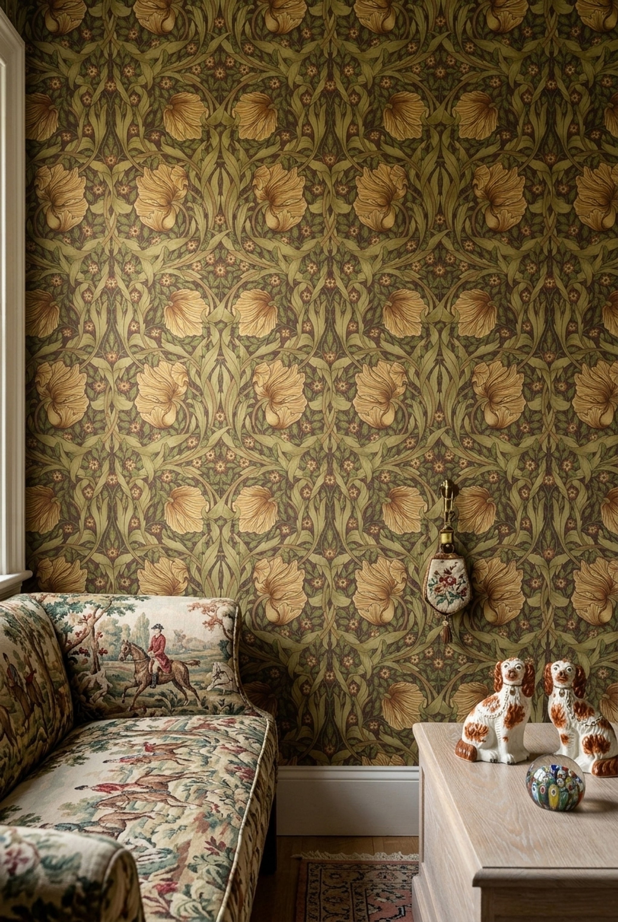 Vintage Çiçekli Duvar Kağıdı Zeytin Yeşili Salon Duvar Dekoru