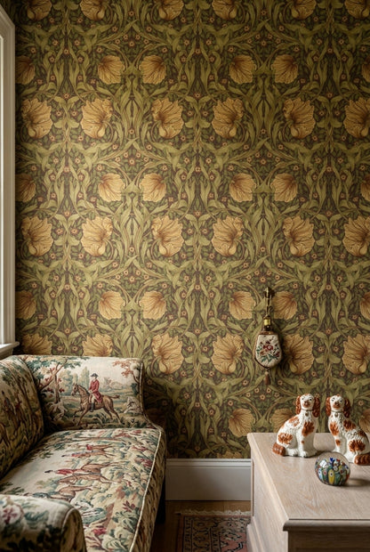 Vintage Çiçekli Duvar Kağıdı Zeytin Yeşili Salon Duvar Dekoru