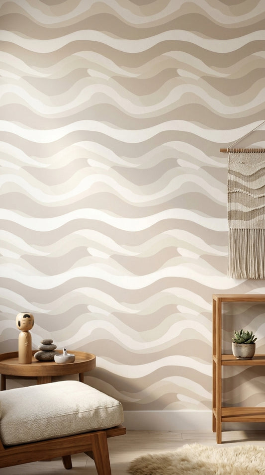 Dalgalı Çizgili Duvar Kağıdı Bej Krem Modern Salon